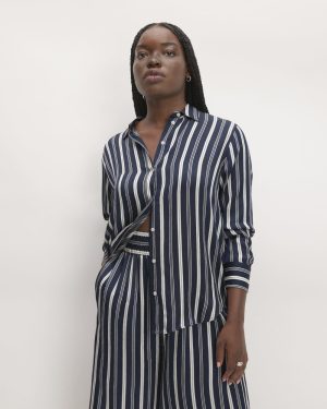 The Satin Relaxed Shirt |  Navy / Bone