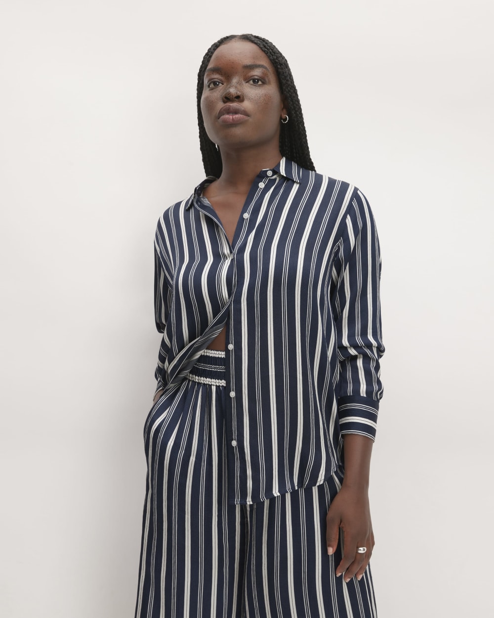 The Satin Relaxed Shirt | Navy / Bone