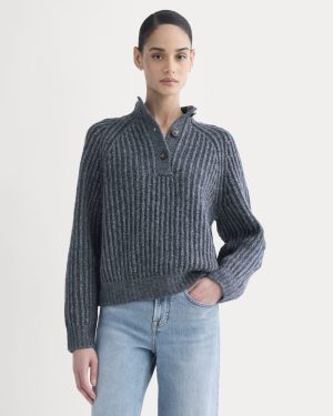Funnel-Neck Ribbed Henley Sweater | Indigo