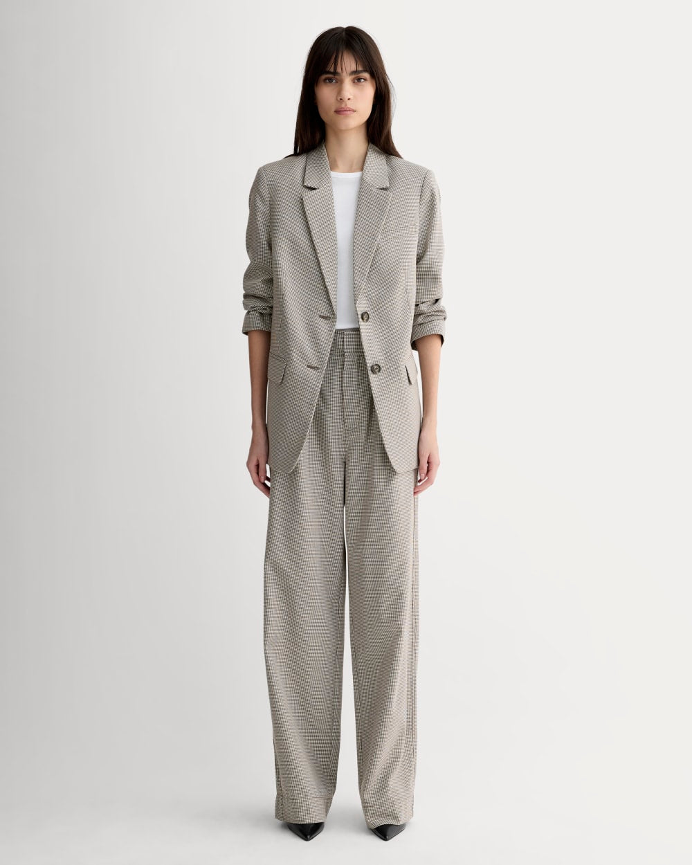 The Draper Pleated Pant in Buttersmooth | Deep Taupe Mini Gingham | 32 Inseam