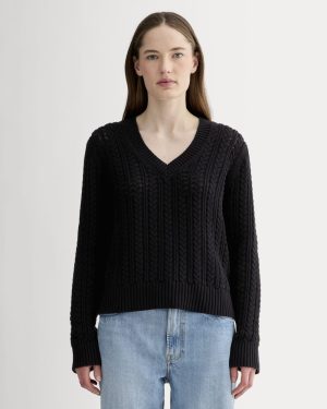 The Mesh Cable V-Neck in Everyday Cotton | Black