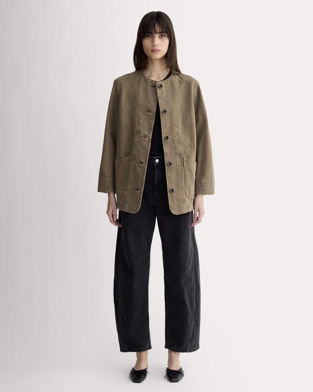 The Long Denim Barrel Jacket | Garment-Dyed Chocolate - Image 3