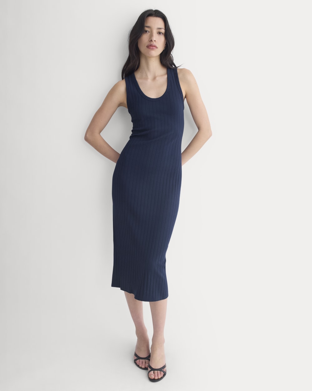 Scoop-Neck Midi Dress in Pointelle Knit | Deep Navy - Image 3